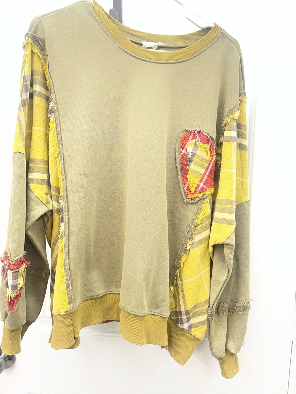easel Olive Green & Yellow Plaid Patch Pullover